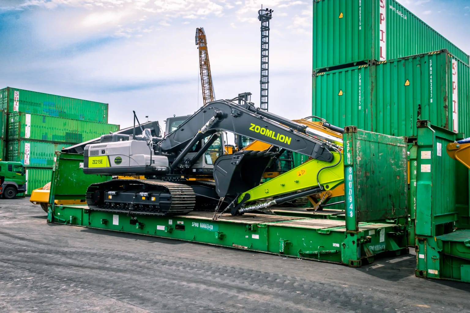Zoomlion excavator secured on a flat rack for transport
